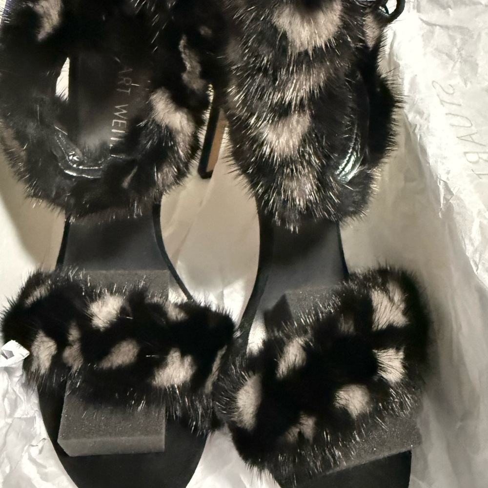 Stuart Weitzman Black and Gray Fur Sandals - Picture 2 of 2